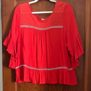 Umgee Red Bell Sleeve Ruffled Blouse
